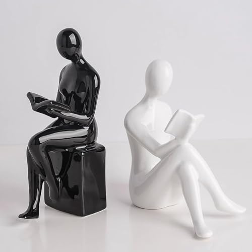 Modern Decorative Ceramic Reading Figure Bookends, Contemporary Minimalist Book Holders for Shelves, Office Home Library Decor (Black+ White)