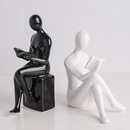 Modern Decorative Ceramic Reading Figure Bookends, Contemporary Minimalist Book Holders for Shelves, Office Home Library Decor (Black+ White)