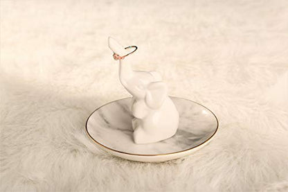 HOME SMILE White Elephant Ring Holder with Marble Pattern Dish,Elephant Gifts for Women Chritsmas - style: Elephant with Marble Dish