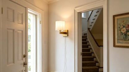 Plug in Gold Wall Sconce Mid Century Modern Pleated Linen Shade - color: Gold