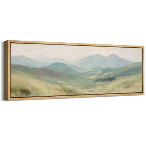MUDECOR Large Framed Canvas Print Wall Art Soft Pastel Rolling Hills Peaceful Misty Landscape Illustrations Antique Retro Fine Art Illustrations Decorative Colorful for Bedroom - 60"x20" - color: AB06-2508-MAY07, size: 60"L x 20"W