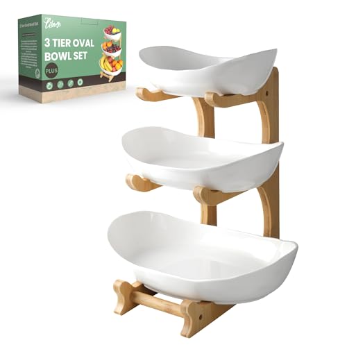 SEVEN SPARTA 3 Tier Fruit Bowl for Kitchen Counter (PLUS edition) / Ceramic Serving Bowls with Bamboo Stand/Big Size Tiered Fruit Basket for Fruit Vegetable Storage, Dessert, Salad Buffet Server - style: PLUS edition