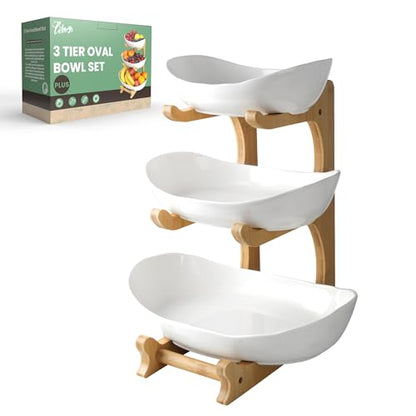 SEVEN SPARTA 3 Tier Fruit Bowl for Kitchen Counter (PLUS edition) / Ceramic Serving Bowls with Bamboo Stand/Big Size Tiered Fruit Basket for Fruit Vegetable Storage, Dessert, Salad Buffet Server - style: PLUS edition