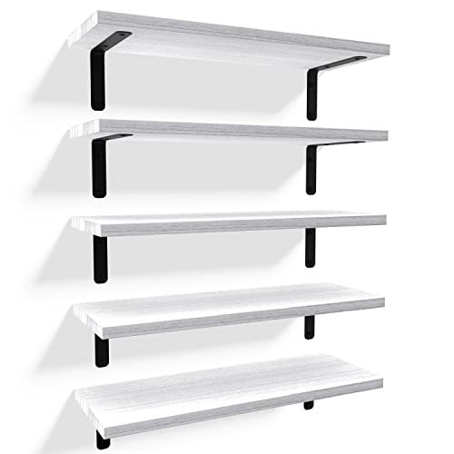 RICHER HOUSE Rustic Wood Floating Shelves Set of 5, Wall Mounted Shelf 16in - color: White