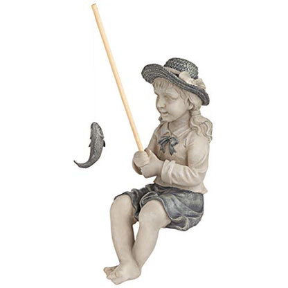 Design Toscano Big Catch Fisherwoman Nellie Girl with Fishing Pole Garden Statue, Medium 17 Inch Tall, Cast Stone Resin, Two Tone Stone Finish - color: Medium Nellies Big Catch
