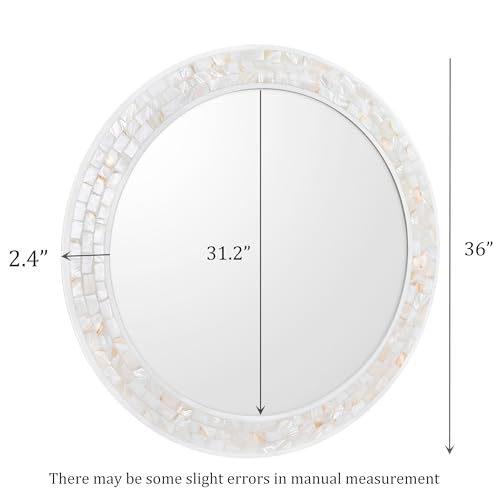 Round Bathroom Mirror 36 Inch, White Framed Mosaic Shell Mirrors - size: 36"L x 36"W