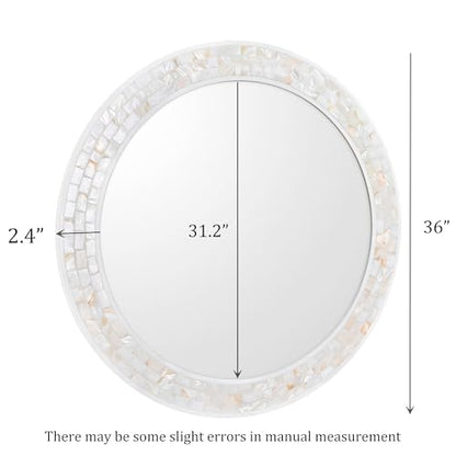 Round Bathroom Mirror 36 Inch, White Framed Mosaic Shell Mirrors - size: 36"L x 36"W