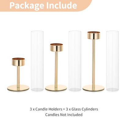NUPTIO Hurricane Candlestick Holders for Centerpiece, Taper Candle Holders - color: Gold - Clear, size: 3pcs
