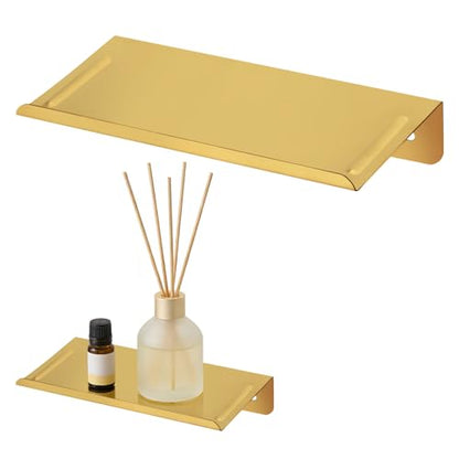 SMILECAT 7inch Small Floating Book Shelves for Wall Storage Set of 2.Wall Mounted Command Shelf for Bathroom,Bedroom,Living Room, Mini Tiny Display Hanging Shelves for Storage/Perfume/Room Decor.Gold