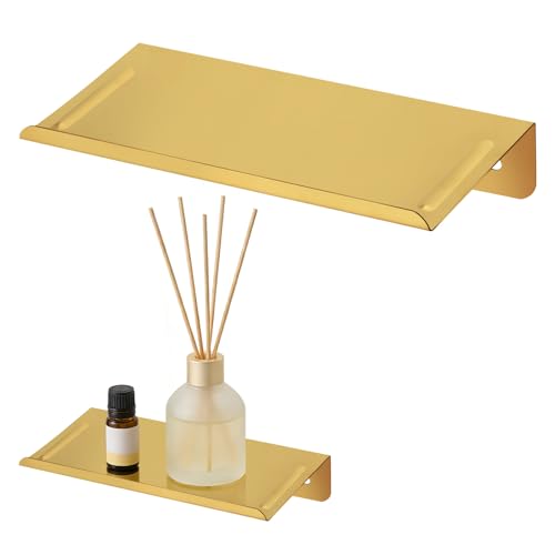 SMILECAT 7inch Small Floating Book Shelves for Wall Storage Set of 2.Wall Mounted Command Shelf for Bathroom,Bedroom,Living Room, Mini Tiny Display Hanging Shelves for Storage/Perfume/Room Decor.Gold