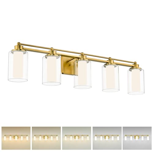 HWH 5-Light Vanity Light, Brushed Gold, Clear Glass, 30W, 5HLT63B-5W-LED BG - color: Brushed Gold + LED, size: 5 Lights