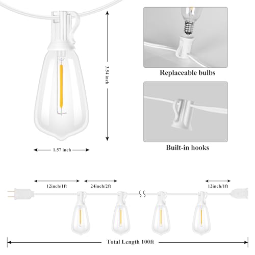 Brightever 100FT Outdoor String Lights 52 Bulbs, Waterproof Patio Lights - color: White Wire Warm White, size: 100FT
