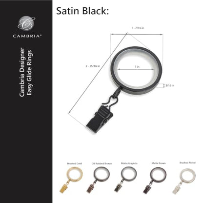 Cambria Designer 1-3/8" Satin Black Quiet Glide Curtain Rings 18 Pack - color: Satin Black, size: Small 1-3/8 in