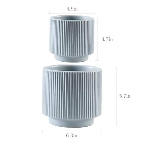 Ceramic 4.9+6.3 inch Planters, Modern Home and Office Flowerpot, Indoor and Outdoor Flowerpot with Drainage Hole (Grayish Blue) - color: Grayish Blue
