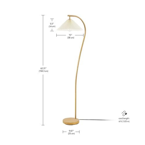 Globe Electric x Novogratz 61000043 62" Floor Lamp, Wood Toned, White Pleated Shade, Pivot Joint on Shade, On/Off Foot Switch, Black Cord, Modern Lighting for Living Room or Office - color: Wood Toned, Evangeline