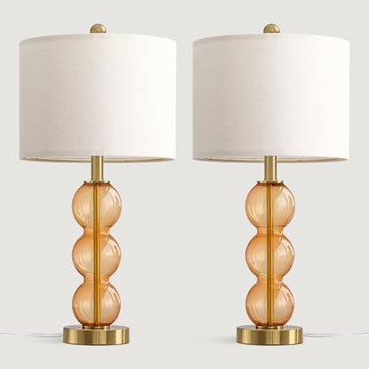 Oneach 25" Amber Glass Table Lamps for Living Room, Glass Modern Table Lamp Set of 2, USB Charging Ports, Linen Shade, Bedside Lamps for Bedroom, Nightstand, Side Table (Bulbs not Included) - color: Amber