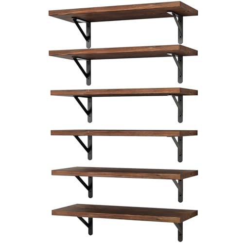 YGEOMER 16.5 Inch Floating Wall Shelves, Dark Carbonized Pine, Set of 6 - color: Dark Carbonized Pine, size: 16.5 x 6.1 x 0.59 inches