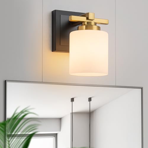 Modern Bathroom Light Fixtures Over Mirror, Vanity Lights for Bathroom Wall Sconces with Milky White Glass Shades, E26 Socket (Bulbs Not Included), 1 Light, Black Gold - color: Black Gold, size: 4.72 inch-1-Light