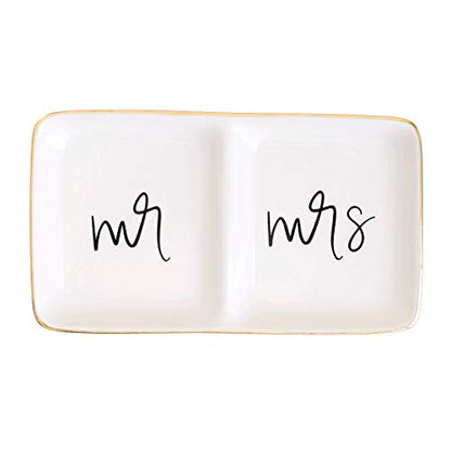 Sweet Water Decor Mr and Mrs Ring Dish - Personalized Wedding & Engagement Gift, Ring or Jewelry Dish Holder - Trinket Tray & Bedroom Decor - Ceramic White - style: Mr. & Mrs.