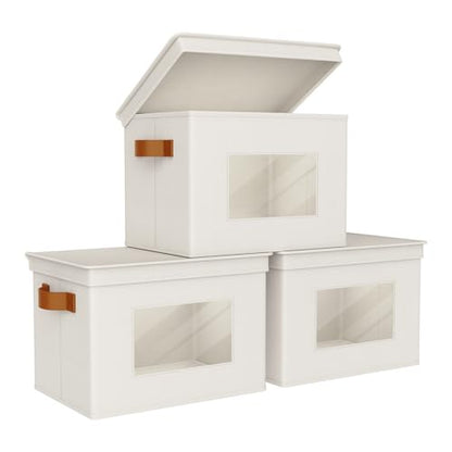Univivi Fabric Storage Bins with Lids for Clothes 3 Pack, Beige - color: Light Beige