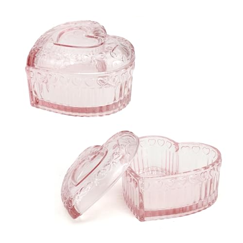 2PCS Glass Jewelry Box by DSIOHFEI, Heart-Shape with Lid for Women Girls