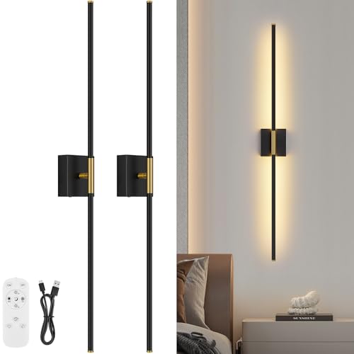 Battery Operated Wall Sconce Set of Two with Remote Control, 3000K-6000K Dimmable Black Gold Wall Lights, Timable LED Wireless Wall Sconces, 350° Ratate for Bathroom, Living Room, 39.4 Inch - color: Black & Gold, size: 39.4in(2 Pack)