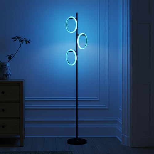 Brightech Saturn Modern Color Changing Floor Lamp - Tall Tree LED Lamp Perfect for Living Room Decor - Beautiful RGB Color Gradient and 3 LED Lights for Bedroom, Office, Reading - Black - color: RGB Light with Black Frame