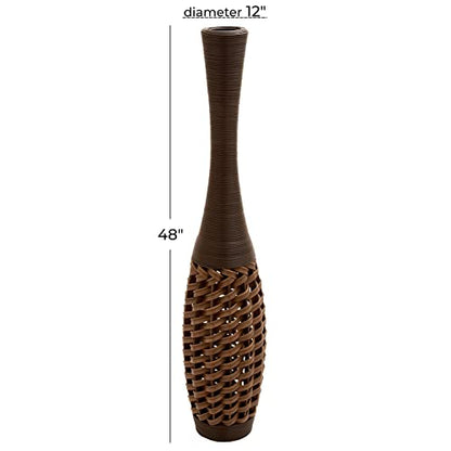 Deco 79 Faux Seagrass Decorative Vase Tall Woven Floor Centerpiece Vase with Dark Brown Wrapped Neck, Vase for Home Decoration 12" x 12" x 48", Brown