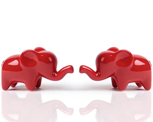 4 Inch Red Ceramic Elephant Figurines Set of 2 - color: Red