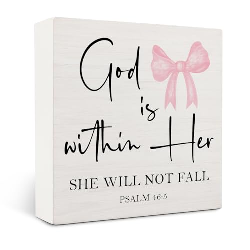 Pink Coquette Christian Bow Wooden Signs,Bible Verse Pink Bow Wooden Box Sign,Coquette Room Decor,God Is Within Her Decor For Wedding Desk Tabletop Shelf Decoration 5x5 Inches - color: Bow4