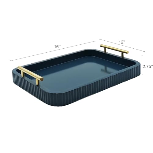 Rectangle Modern Wood Serving Tray with Metal Handles, High Gloss Blue Finish, 16x12 Inch Coffee Table Ottoman Tray for Storage and Display (Blue) - color: Blue