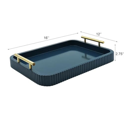 Rectangle Modern Wood Serving Tray with Metal Handles, High Gloss Blue Finish, 16x12 Inch Coffee Table Ottoman Tray for Storage and Display (Blue) - color: Blue