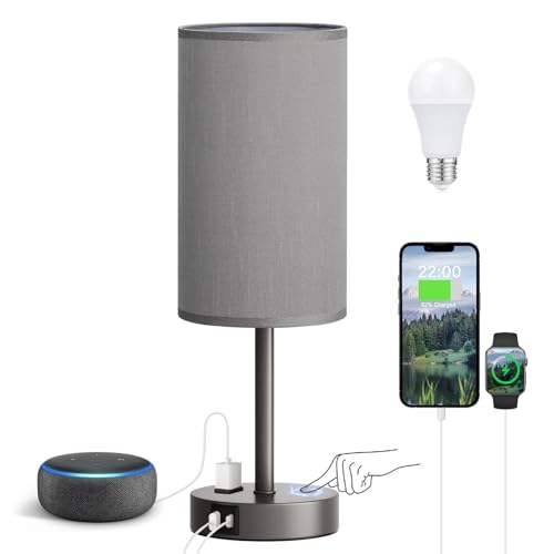 Fenmzee 17.4" Grey Lamp for Bedroom - Dimmable Touch, USB A+C, AC Outlet - color: Grey - Grey, size: 17.4"
