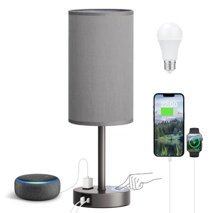Fenmzee 17.4" Grey Lamp for Bedroom - Dimmable Touch, USB A+C, AC Outlet - color: Grey - Grey, size: 17.4"