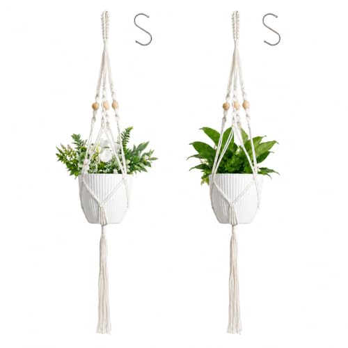 Artilady Macrame Hanging Planter for Indoor Plants, Boho Bead Plant Hanger - color: Ivory White