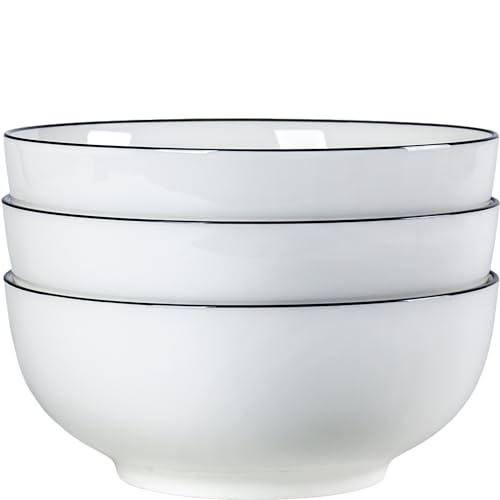 60 oz Large Pho Soup Bowls, Large Ramen Bowls, Rimmed Off-White Big Ceramic Bowls Set of 3, 8 Inch - size: 8 inch 60 oz (Black Rim)