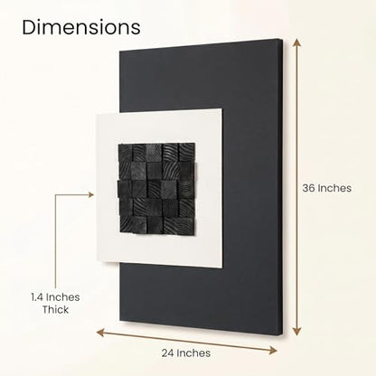 AMAATE 3D Textured Black Wood Geometric Relief Sandstone Framed Wall Art - color: black square