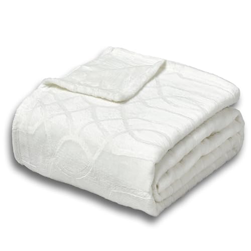 Soft Cozy Fleece Queen Size Blanket, 90x90 Inches – Lightweight Plush Blanket for Bed, Fuzzy 3D Jacquard Design - Ivory White - color: Ivory White, size: Queen (90" x 90")