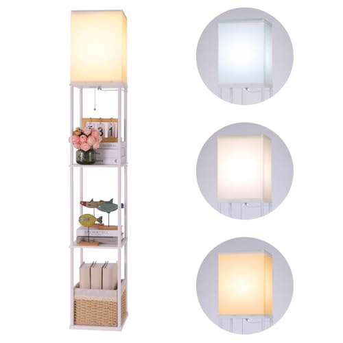 Gupuzm Floor Lamp with Shelves, Modern Square Standing Lamp with 3 Color Temperature Bulb, Corner Display Bookshelf Lamp for Living Room, Bedroom and Office（White） - color: white-9