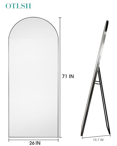 Otlsh 71"26" Arched Floor Mirror With Stand, Black Aluminum Frame, Freestanding or Wall Mounted, Modern Home Decor - color: Black, size: 71"L x 27"W