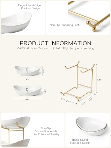 Kanwone Fruit Bowl for Kitchen Counter - 2 Tier with No Assembly Gold Stand & White Ceramic Bowls, Tiered Fruit Basket for Storage, Vegetables, Cake Display, Party Serving & Home Decor - size: 2 Tier