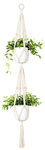 Mkono Macrame Plant Hanger 2 Tier 49" Hanging Plant Holder Indoor Outdoor - size: 49"