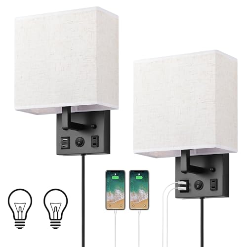 HAITRAL Wall Sconces Plug in with Bulbs - Wall Lamps for Bedroom with USB and Outlet,Sconces Wall Decor Set of 2 with Switch and Bulb Wall Light Fixtures for Living Room,Bedroom(Include Bulbs)-Black