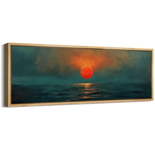 MUDECOR Large Framed Canvas Print Wall Art Sunset Over Ocean Vibrant Red Sun and Blue Waters Fine Art Illustrations Decorative Colorful for Bedroom - 60"x20" - color: A04-2406-yuk39, size: 60"L x 20"W