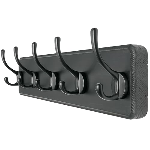 Dseap Coat Rack Wall Mount: Modern, Patented, Heavy-Duty, 17.4" Long 5-Double-Hooks Wooden Hanger Hook Rail for Winter Coats Hat Jacket Clothing, Black - color: Black, size: L=17.4" (1pcs)