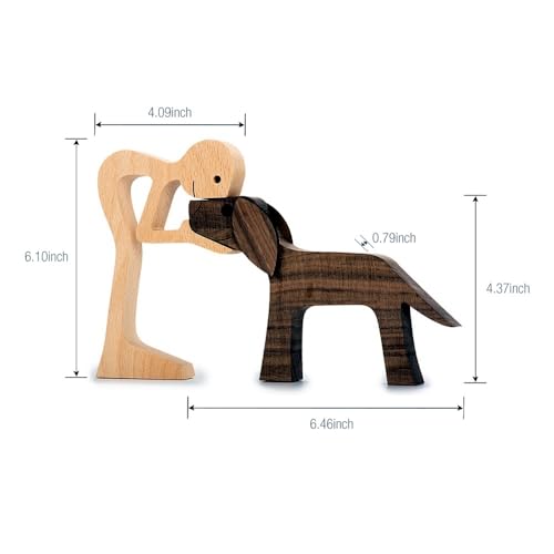 FHDTW Handmade Wooden Unique Gift for Dog Lover, Wooden Man and Dog Carving Statue, Wood Sculpture Home Office Tabletop Figurine Carved Wood Decor (A) - color: A