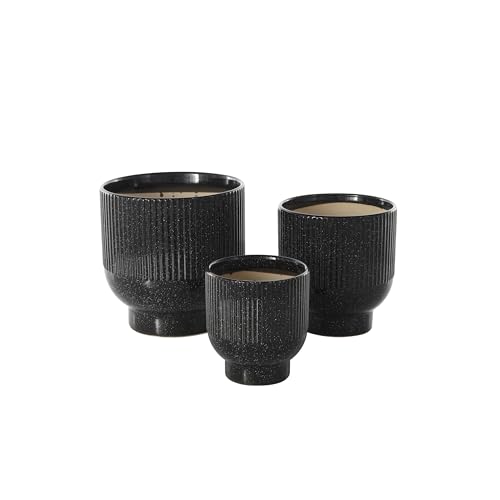 Deco 79 Ceramic Indoor Outdoor Planter Speckled Small Planter Pot with Linear Grooves and Tapered Bases, Set of 3 Planters 9", 8", 6"H, Black