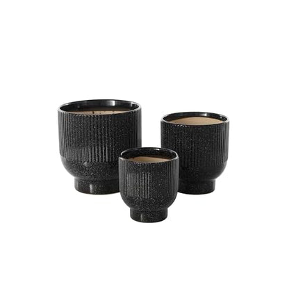 Deco 79 Ceramic Indoor Outdoor Planter Speckled Small Planter Pot with Linear Grooves and Tapered Bases, Set of 3 Planters 9", 8", 6"H, Black