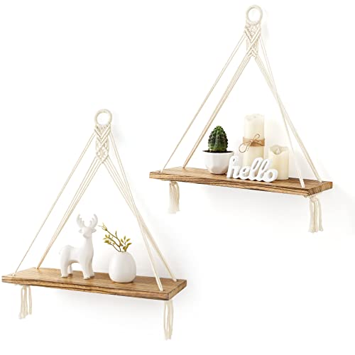 Mkono Macrame Hanging Shelves Boho Wall Decor Set of 2 Floating Wood Shelf - color: White