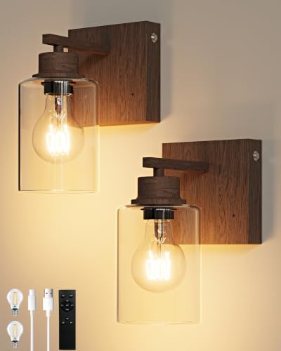 Rayogale Walnut Battery Operated Wall Sconce Set of Two with Remote Control | Dimmable Rechargeable Wall Lights with Timer, Easy Install Glass Lamp for Living Room Bedroom, Emergency 3000K - color: Walnut(Clear Lampshades)